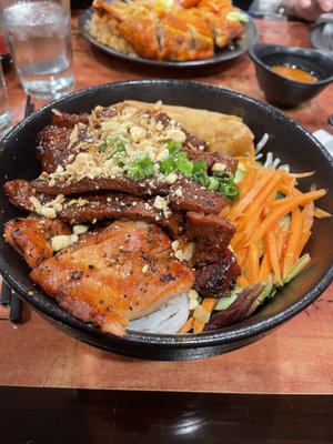 vermicelli bowl with beef, chicken, and spring roll.