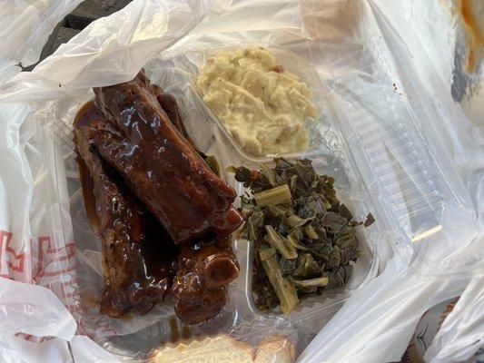 Bbq ribs, potato salad, greens