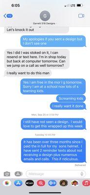 Text messages to Garrett notice no response since September