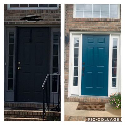 Before and after - we did the paint. Avi finished it off with a great lock/handle that really elevated the look of a very basic door.