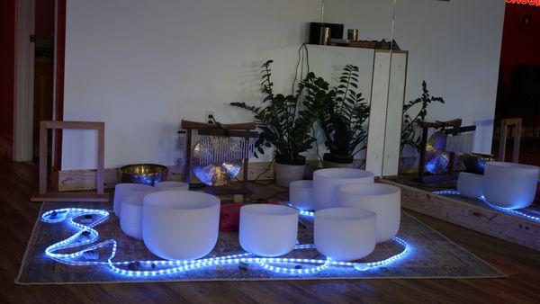 Bowls set up for Crystal Bowl Meditations every Tuesday and Friday, 6:30 PM.