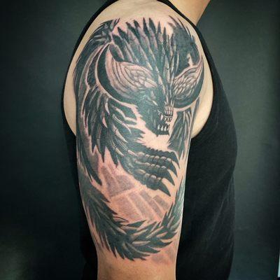 Monster Hunter World Nergigante shoulder tattoo by Oliver Wong