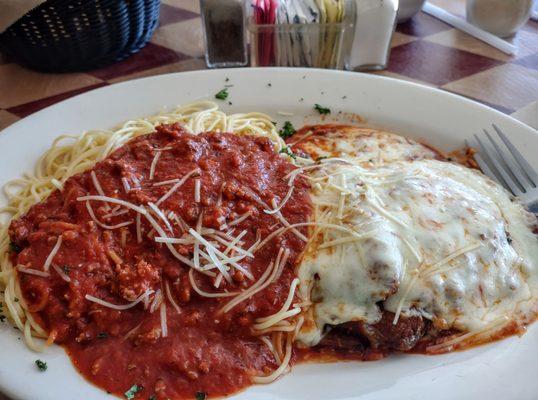 Eggplant Parmesan with a side of Spaghetti