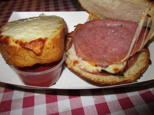 italian stacker  the inside view and garlic bread