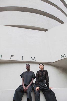 Rhié at the Guggenheim. Dia Double Satin set and Lace Blouse