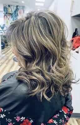 This client came in with 4 inches of grey and dark brown hair. This is after a full highlight with root color and cut! Fresh hair!