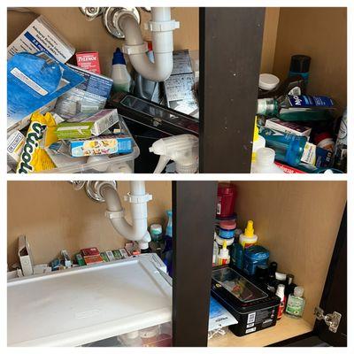 Before & after cleaning/organizing of bathroom cabinets