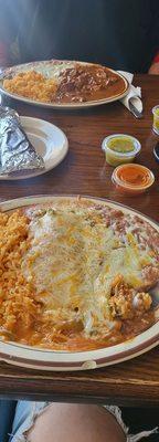 Chicken enchilada, rice, beans.