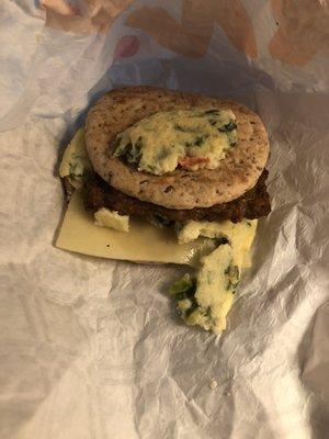 This is how I unwrapped my power breakfast sandwich today? Also very cold, cheese not even melted because they are clearly in such a hurry.