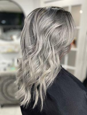 Ash blonde w/ dark shadow root/soft lowlights