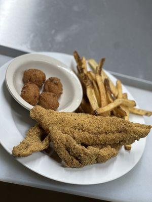 Southern Fries Catfish with hushpuppies and House Cat Fries