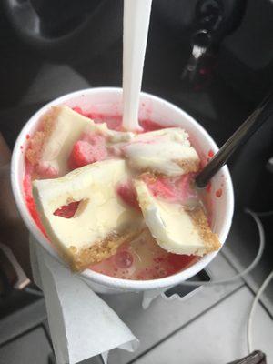 Cheesecake special  Strawberry cheesecake snowball stuffed with ice cream topped with cheesecake and condensed milk