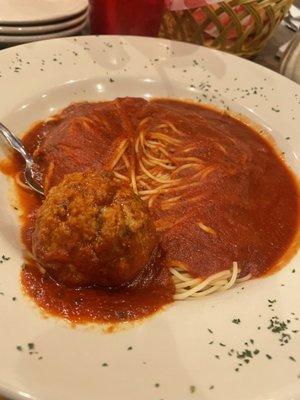 Angel hair with sauce and a meatball