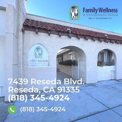 Welcome to 
Family Wellness A Chiropractic Group. Free parking behind, access from signal Valerio south of office