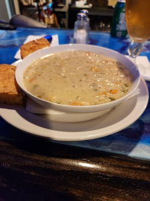 Delicious chicken and dumplings from scratch with cornbread.