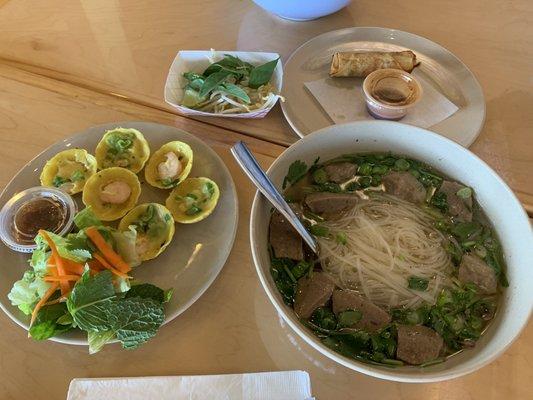 Beef meatballs Pho, mini shrimp pancakes, pork spring roll