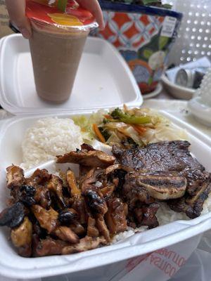 Chicken and galbi combo plate and a small blended mocha