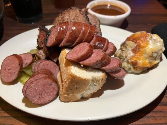 Smoked sausage (do not order! awful!), brisket, baked beans, tater casserole