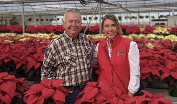 Espoma organic fertilizers rep, Bonnie, visits Mark among the sea of poinsettias