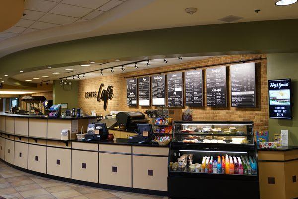 Centre Cafe order counter, menu, and bakery case.