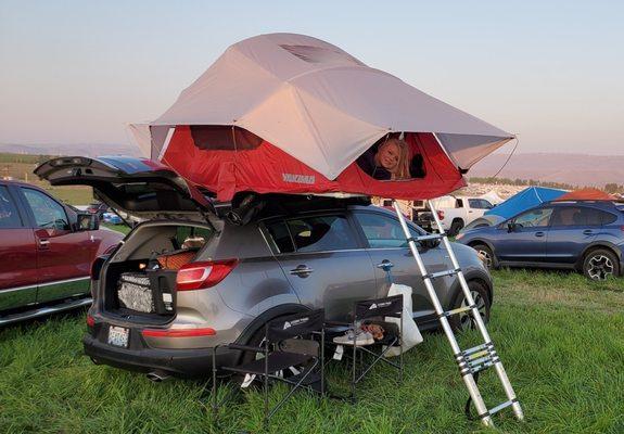 Our Kia Sportage at the Gorge Campground during a music festival. This is also a lower budget option compared to our motorhomes.