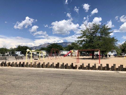 Sandia Mountains and playground