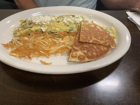 Omelet with gyro, spinach, onion and mushrooms