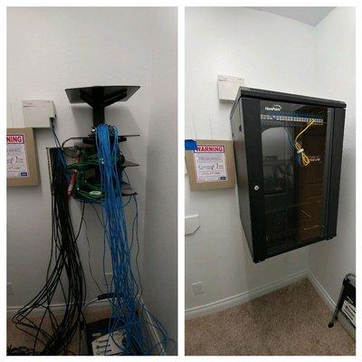 Before and after photo of a Network closet cleanup!