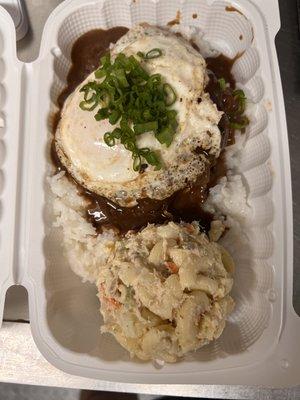 Loco Moco!
A bed of rice topped with our hamburger patty and smothered in brown gravy then topped with an over easy egg.