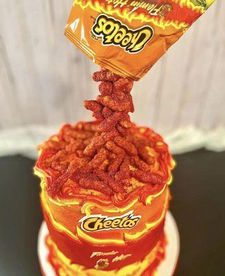 Hot Cheetos Cake with Rice Krispie Cheetos