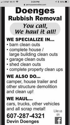 House, Garage, Barn, & other Building Clean Outs, Property Clean Ups, Estate/Real Estate Clean outs, House Trailer/camper demo AND MORE!!!!