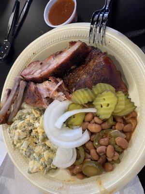 Ribs, Pea Salad, Jalapeño Beans, Spicy Sauce