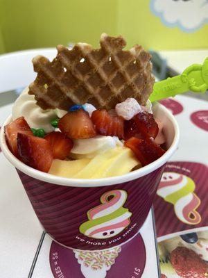 All dressed up with mini M&M's, mochi, strawberries and waffle wafer.