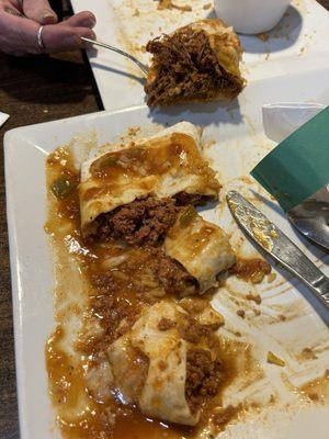 Chimichanga and burrito, shredded and ground beef.