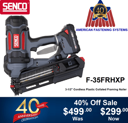 Save 40% all year long during our 40th Anniversary Sale on selected items. Senco F-35FRHXP Only $299 *while supplies last