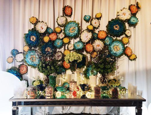 Candy bar with giant handmade flower installation.