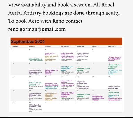 September schedule. All bookings done online and in advance. No drop ins please.