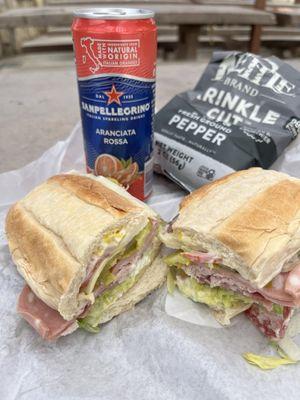 Italian sandwich, Aranciata Pellegrino, Kettle chips.