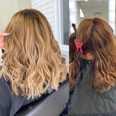 Before and after Color Correction on Box Dye and highlighted Hair.