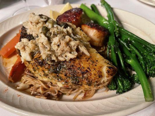 Grilled Sea Bass Charleston with Cast Iron Sea Scallops and brocollini