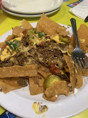 Nachos with dry, crumbly, tasteless meat