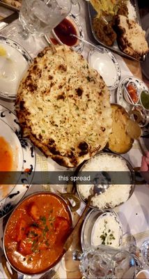 garlic naan in the center, chicken tikki masala at the bottom, vegetable thali platter at the top. all meals to die for!