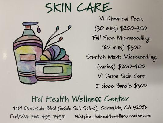 Overview of our skin care offerings and price list