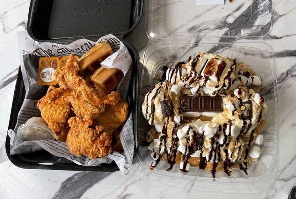 The chicken and waffles and the smore's bubble waffle.