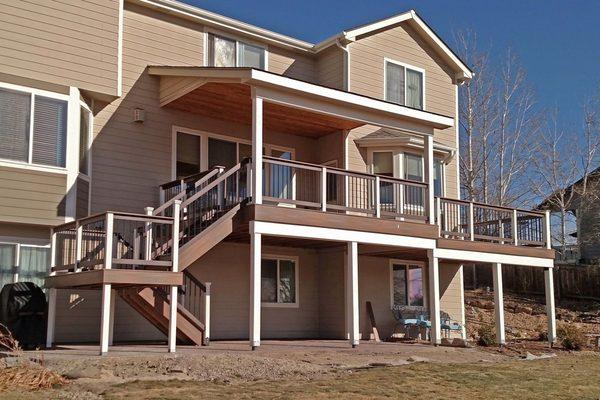 Covered deck with cedar ceiling and new patio