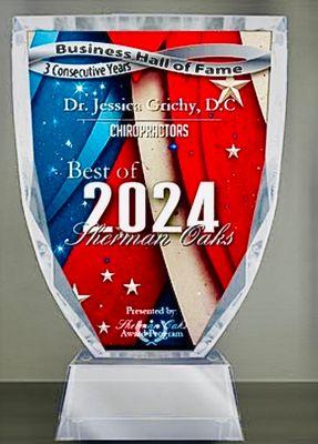 Dr. Jessica Grichy, D.C won "Best of Chiropractors Sherman Oaks Awards" in 2020, 2022, 2023 and 2024