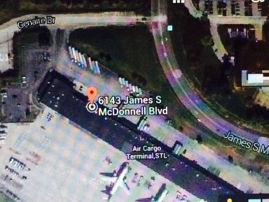 Aerial map - If traveling west on Airport Rd./McDonnell Blvd. (towards Lindbergh), turn left at Genaire Drive, then left into first parking.