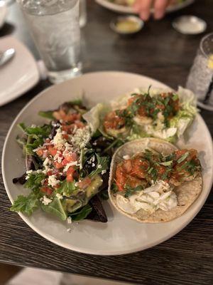 Lime cilantro shrimp tacos (one is on a lettuce cup instead of tortilla)