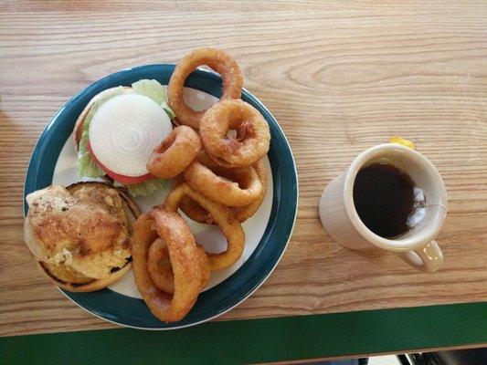 Grilled chicken sandwich and onion rings.