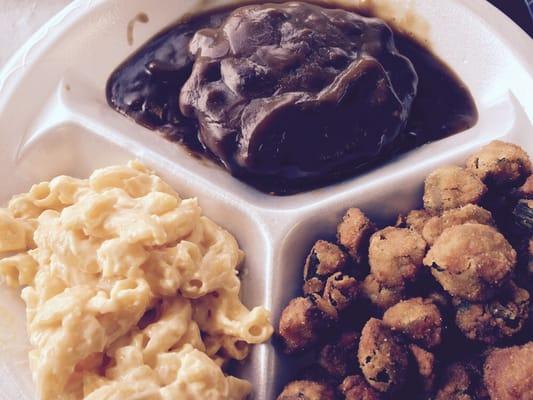 Hamburger Steak, Mac and cheese, fried okra